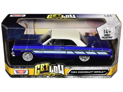 1964 Chevrolet Impala Lowrider Hard Top Candy Blue Metallic with Cream Top "Get Low" Series 1/24 Diecast Model Car by Motormax-DiecastModeler.com