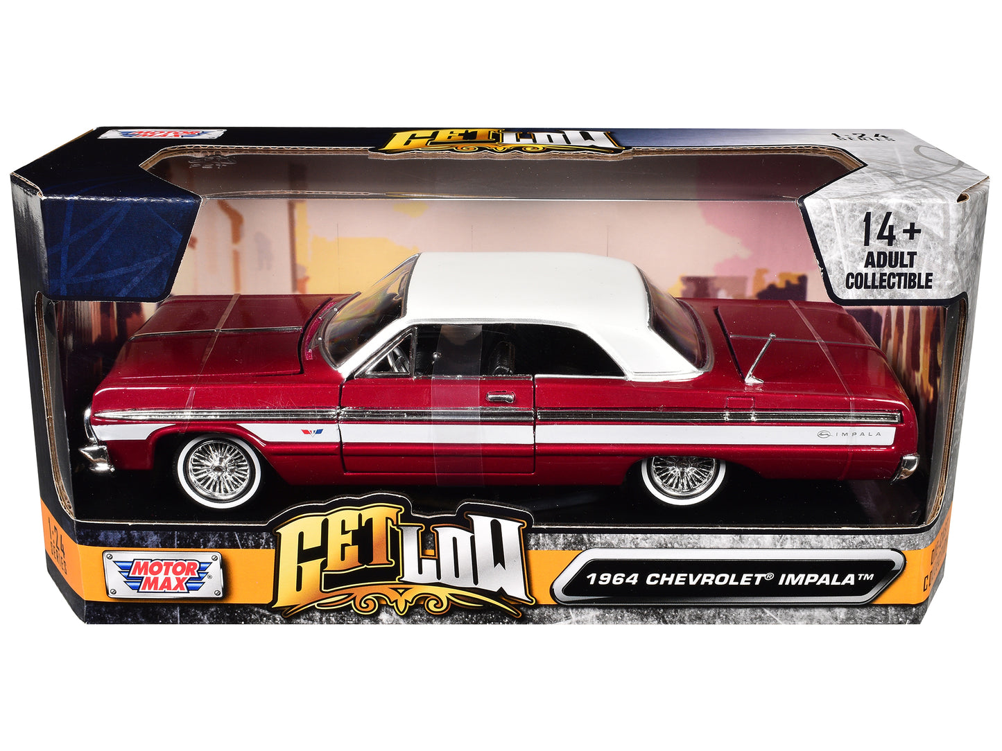 1964 Chevrolet Impala Lowrider Hard Top Candy Red Metallic with White Top "Get Low" Series 1/24 Diecast Model Car by Motormax-DiecastModeler.com