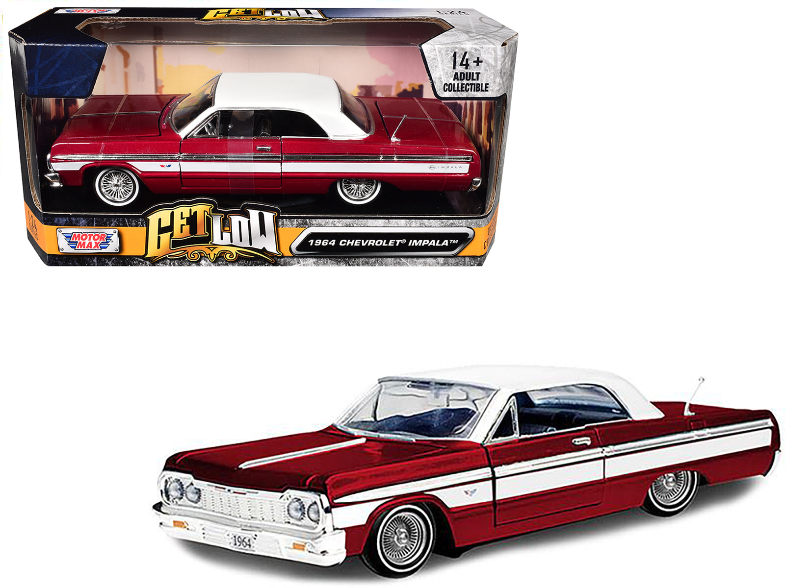 1964 Chevrolet Impala Lowrider Hard Top Candy Red Metallic with White Top "Get Low" Series 1/24 Diecast Model Car by Motormax-DiecastModeler.com