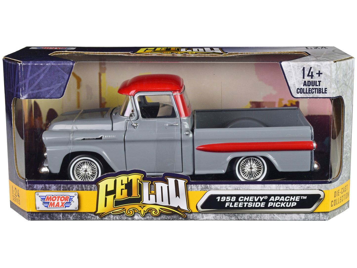 1958 Chevrolet Apache Fleetside Pickup Truck Lowrider Gray with Red Top "Get Low" Series 1/24 Diecast Model Car by Motormax-DiecastModeler.com