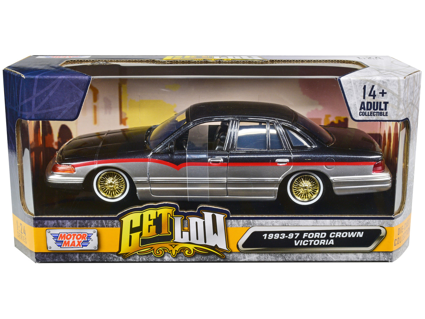 1993-1997 Ford Crown Victoria Lowrider Black Metallic and Silver with Red Stripes "Get Low" Series 1/24 Diecast Model Car by Motormax-DiecastModeler.com