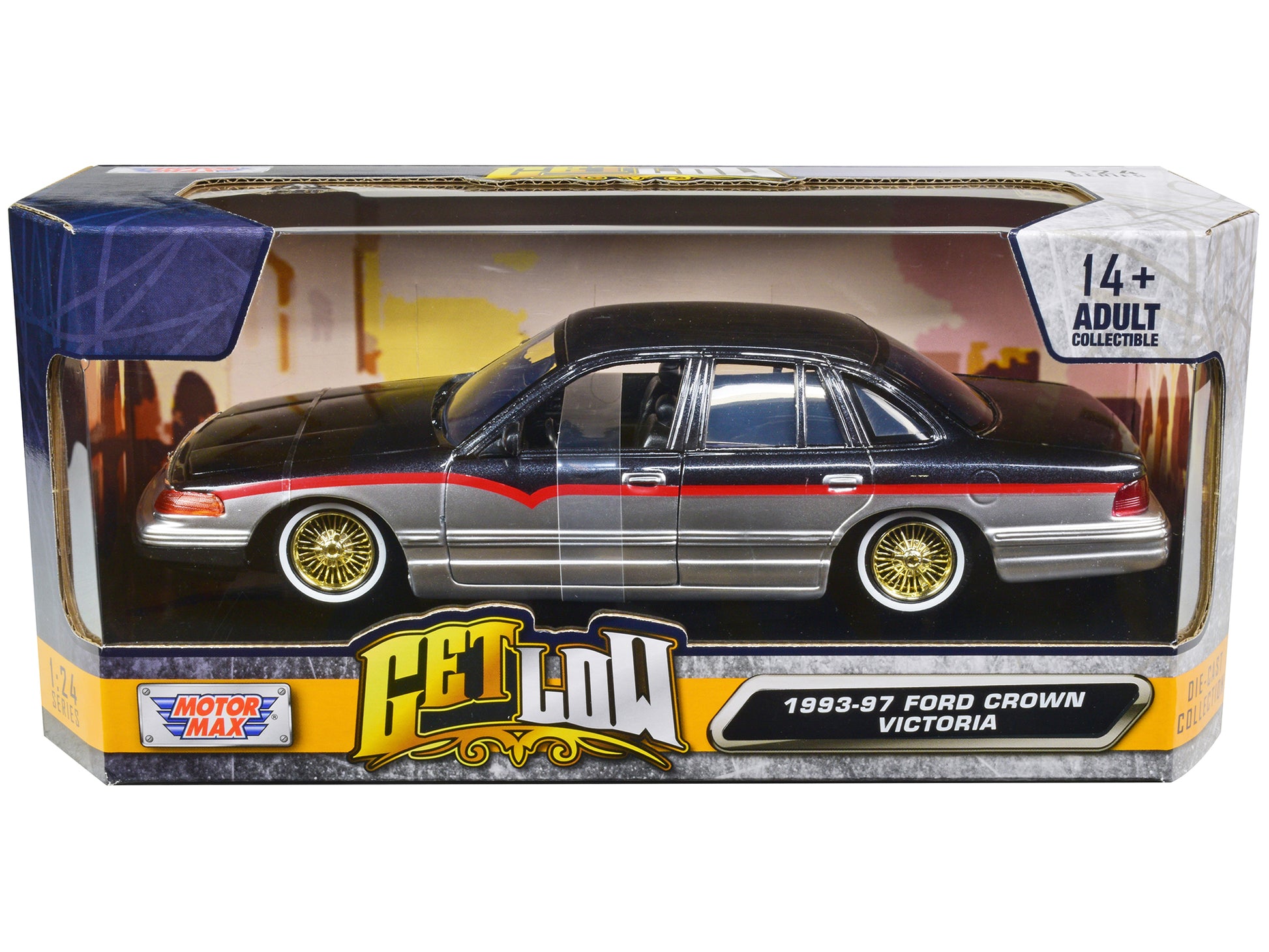 1993-1997 Ford Crown Victoria Lowrider Black Metallic and Silver with Red Stripes "Get Low" Series 1/24 Diecast Model Car by Motormax-DiecastModeler.com