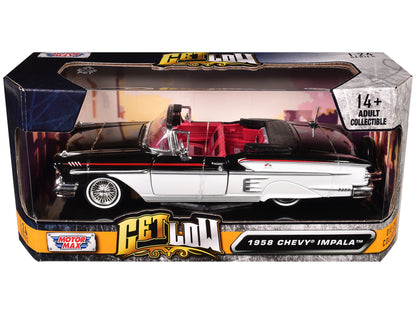 1958 Chevrolet Impala Convertible Lowrider Black and White with Red Interior "Get Low" Series 1/24 Diecast Model Car by Motormax