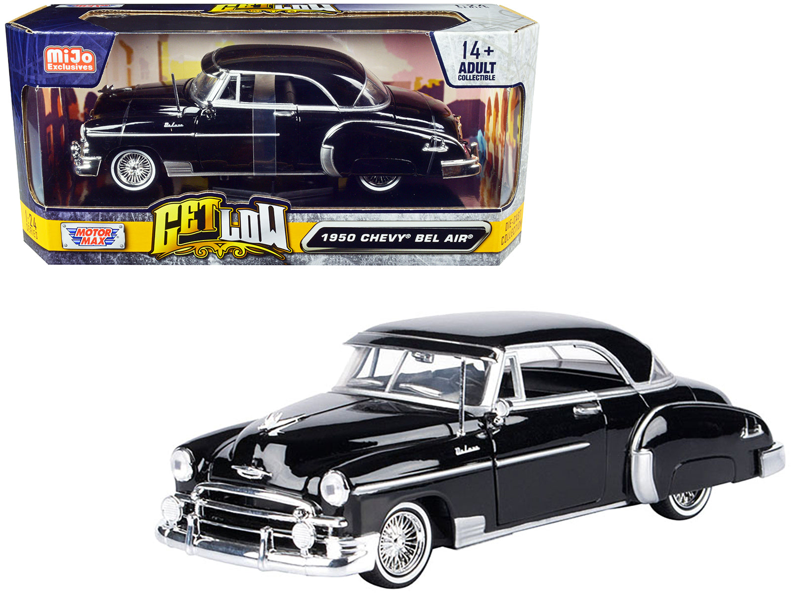 1950 Chevrolet Bel Air Lowrider Black "Get Low" Series 1/24 Diecast Model Car by Motormax-DiecastModeler.com