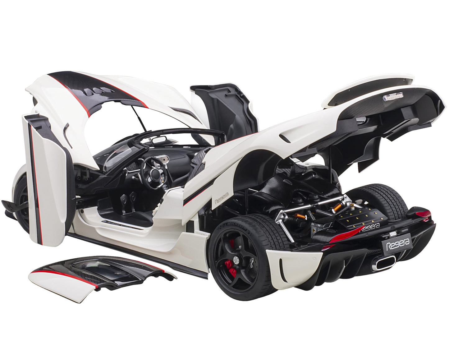 Koenigsegg Regera White with Black Carbon and Red Stripes 1/18  Model Car by Autoart-DiecastModeler.com
