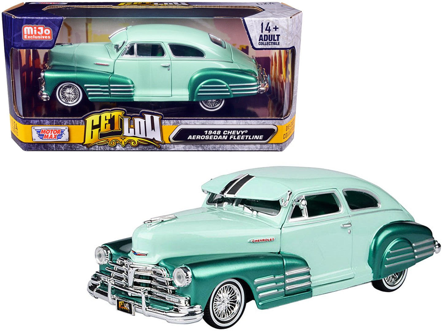 1948 Chevrolet Aerosedan Fleetside Lowrider Pastel Green and Green Metallic Two-Tone "Get Low" Series 1/24 Diecast Model Car by Motormax-DiecastModeler.com