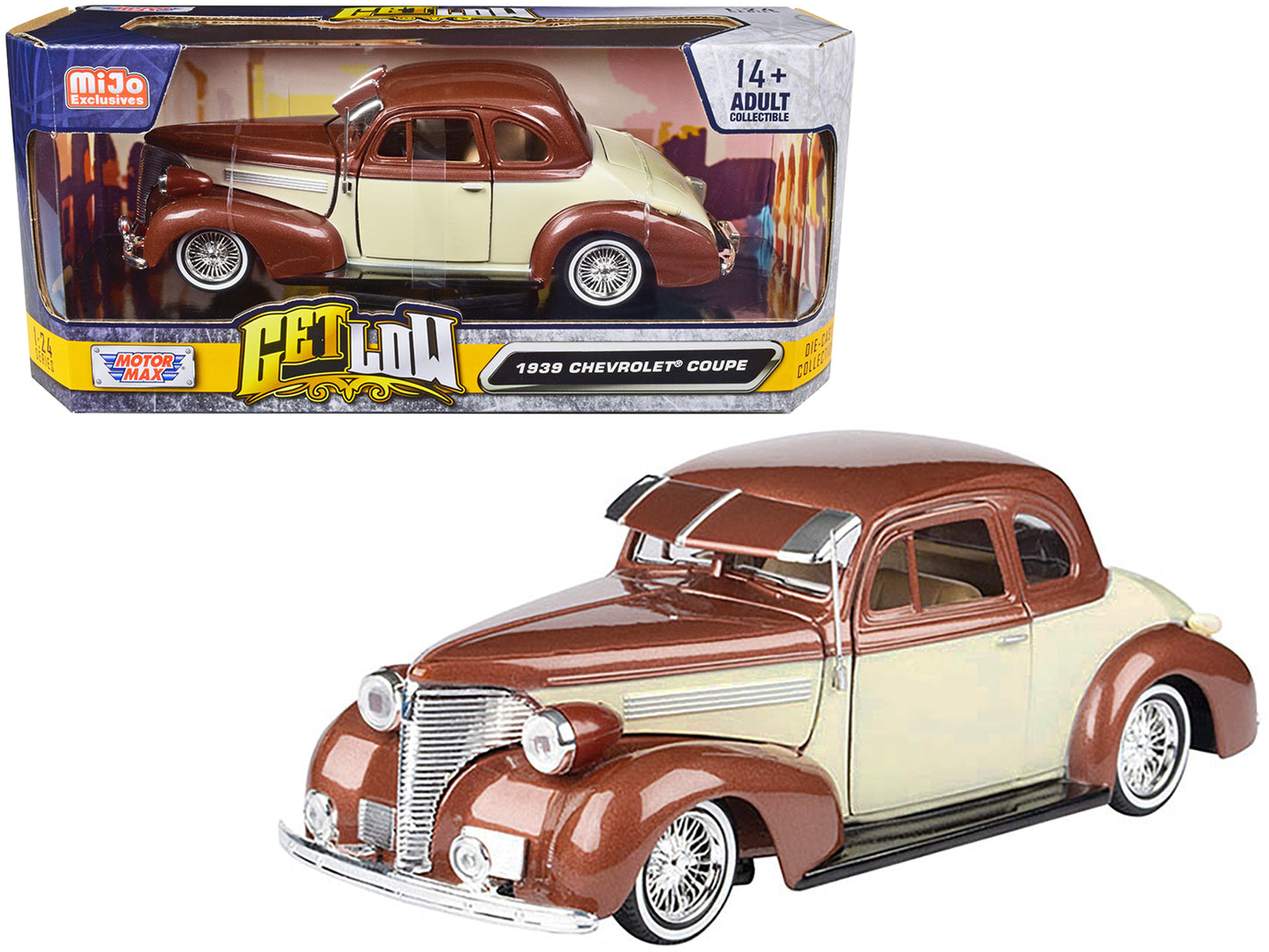 1939 Chevrolet Coupe Lowrider Beige and Brown Metallic "Get Low" Series 1/24 Diecast Model Car by Motormax-DiecastModeler.com