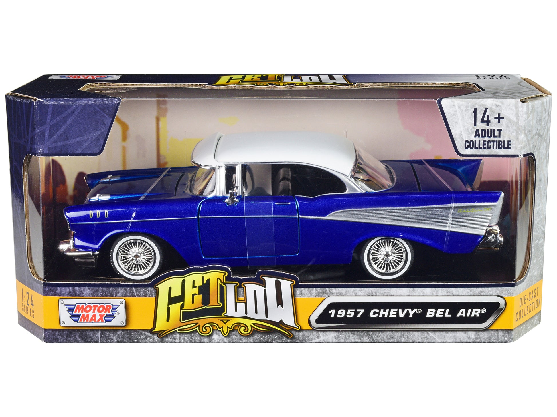 1957 Chevrolet Bel Air Lowrider Candy Blue with White Top "Get Low" Series 1/24 Diecast Model Car by Motormax-DiecastModeler.com