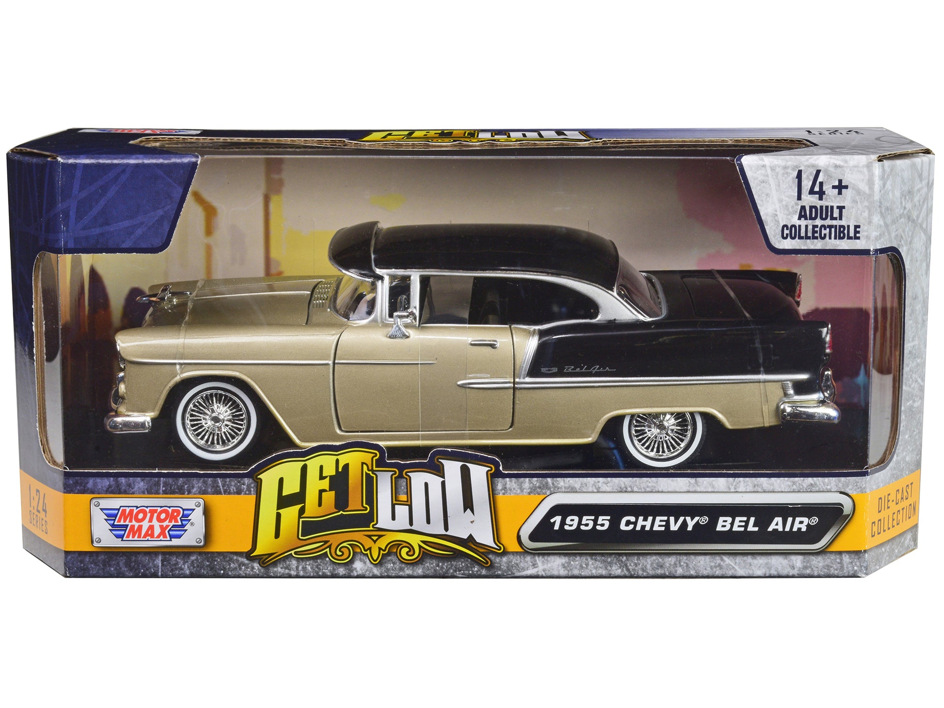 1955 Chevrolet Bel Air Lowrider Hard Top Beige Metallic and Black "Get Low" Series 1/24 Diecast Car Model by Motormax-DiecastModeler.com