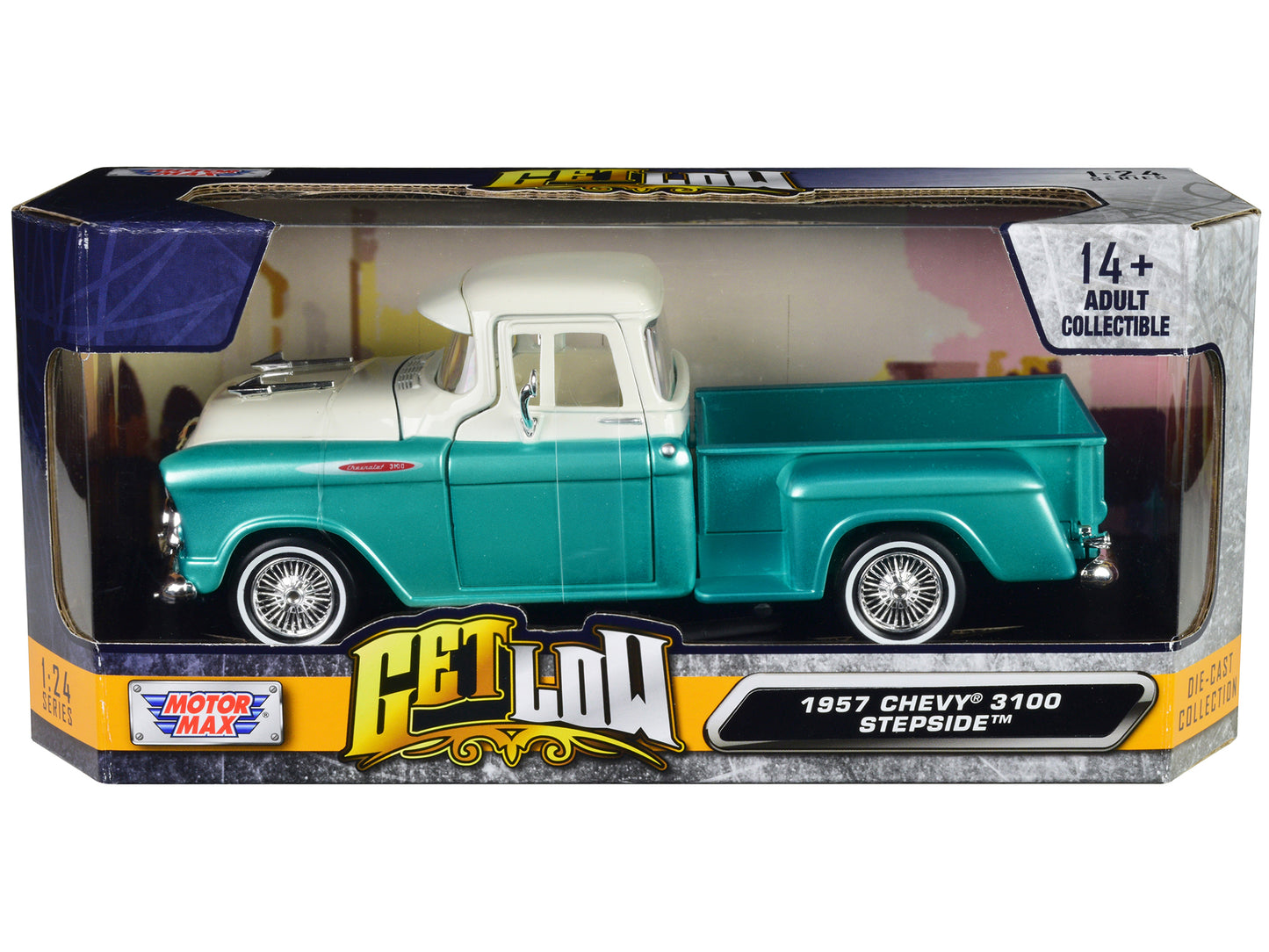 1957 Chevrolet 3100 Stepside Pickup Truck Lowrider Turquoise Metallic and White with White Interior "Get Low" Series 1/24 Diecast Model Car by Motormax-DiecastModeler.com