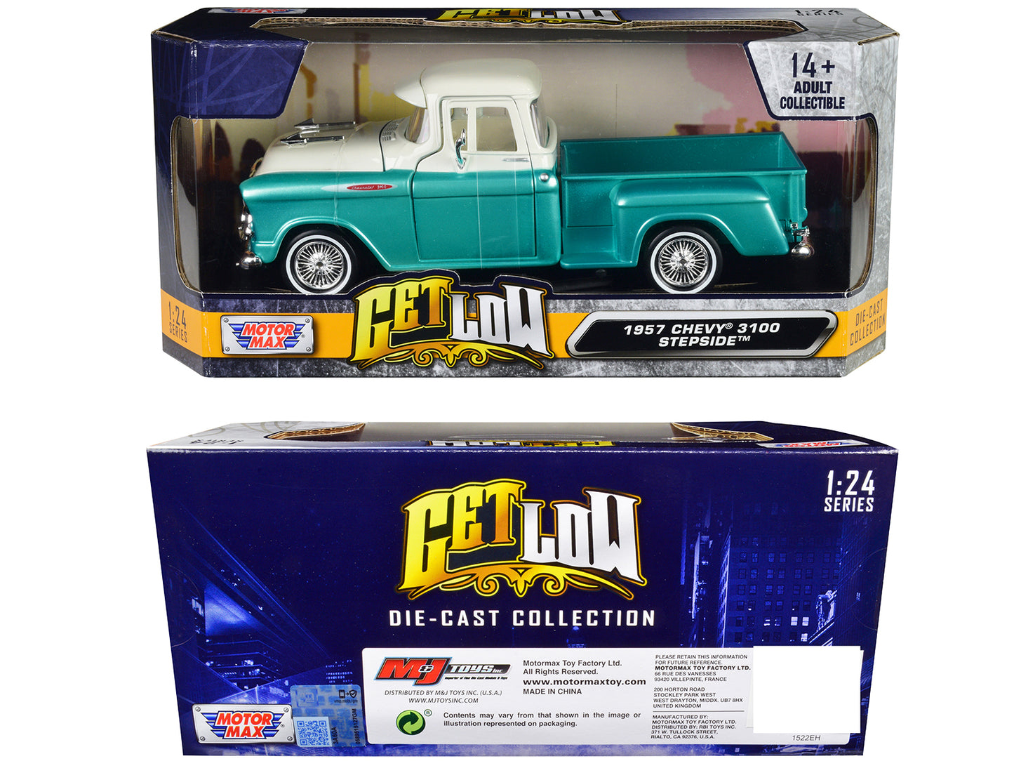 1957 Chevrolet 3100 Stepside Pickup Truck Lowrider Turquoise Metallic and White with White Interior "Get Low" Series 1/24 Diecast Model Car by Motormax-DiecastModeler.com
