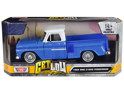1966 GMC C1000 Fenderside Pickup Truck Lowrider Blue with White Top "Get Low" Series 1/24 Diecast Model Car by Motormax-DiecastModeler.com