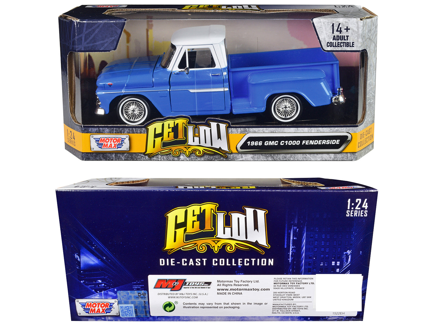 1966 GMC C1000 Fenderside Pickup Truck Lowrider Blue with White Top "Get Low" Series 1/24 Diecast Model Car by Motormax