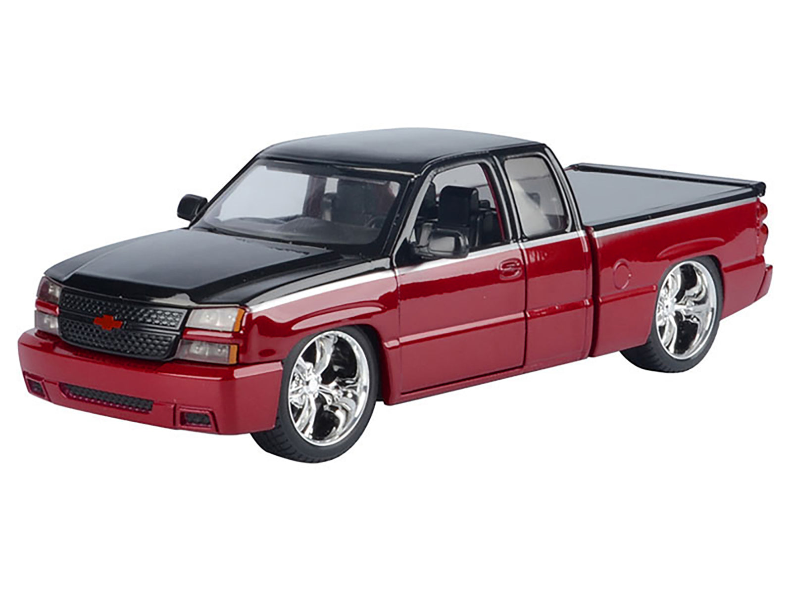 2006 Chevrolet Silverado Custom Pickup Truck Red Metallic and Black with Silver Stripes "Die-Cast Collection" Series 1/25 Diecast Model Car by Motormax-DiecastModeler.com