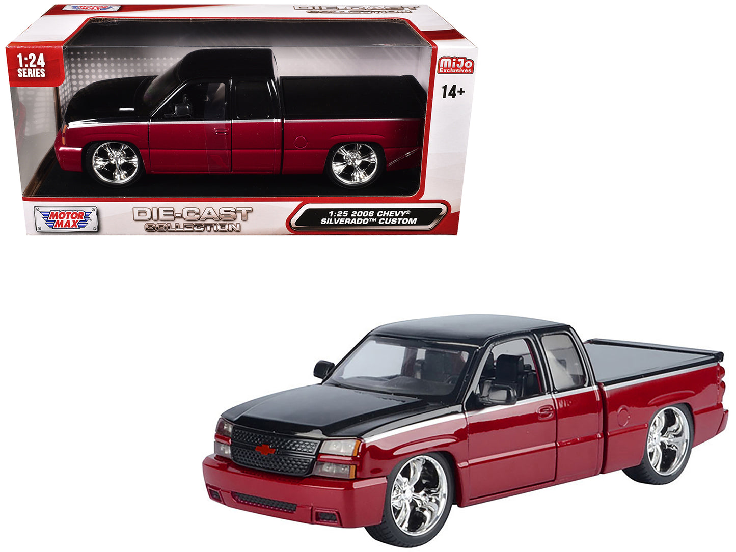 2006 Chevrolet Silverado Custom Pickup Truck Red Metallic and Black with Silver Stripes "Die-Cast Collection" Series 1/25 Diecast Model Car by Motormax-DiecastModeler.com