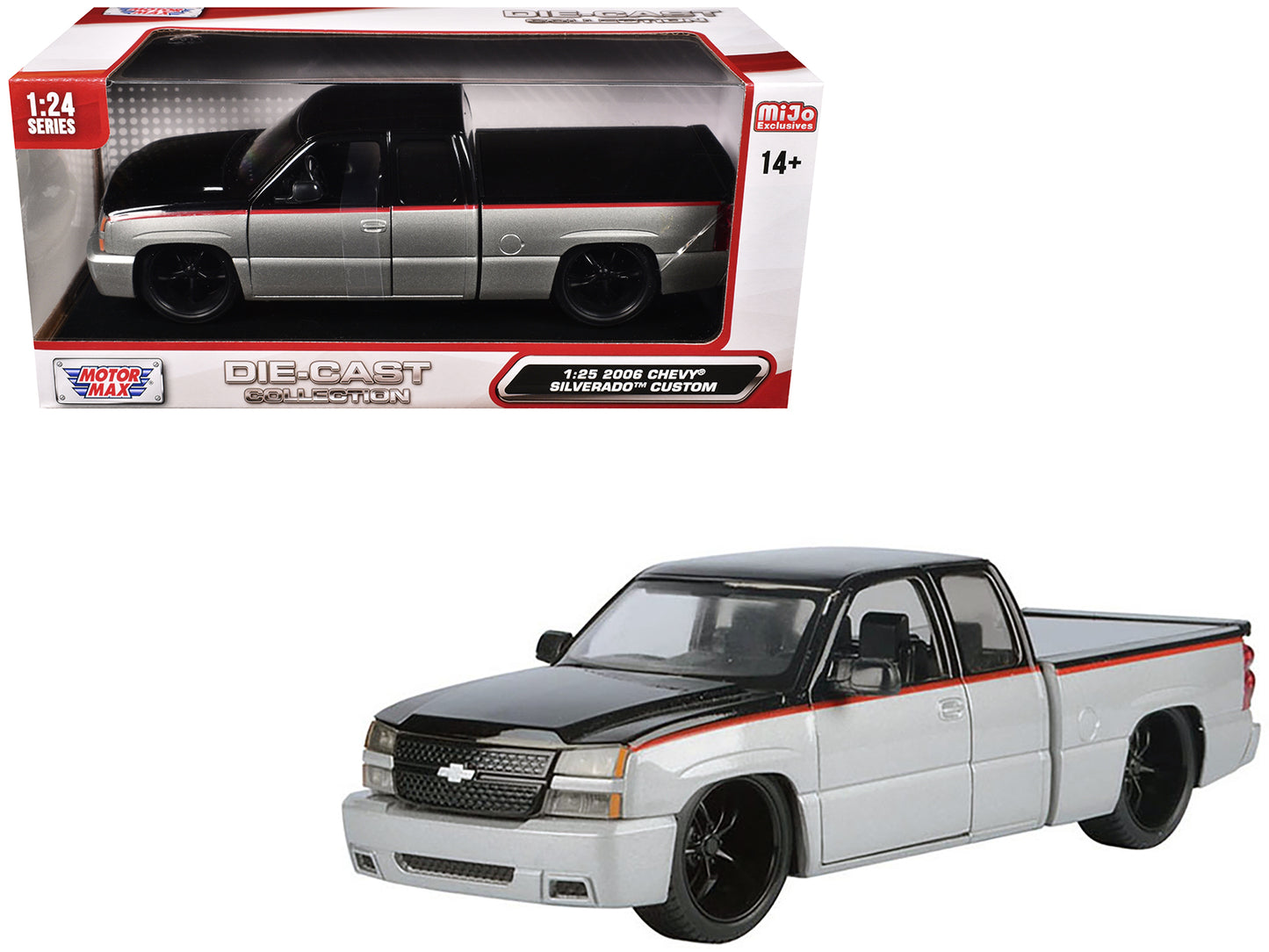 2006 Chevrolet Silverado Custom Pickup Truck Silver Metallic and Black with Red Stripes "Die-Cast Collection" Series 1/25 Diecast Model Car by Motormax-DiecastModeler.com