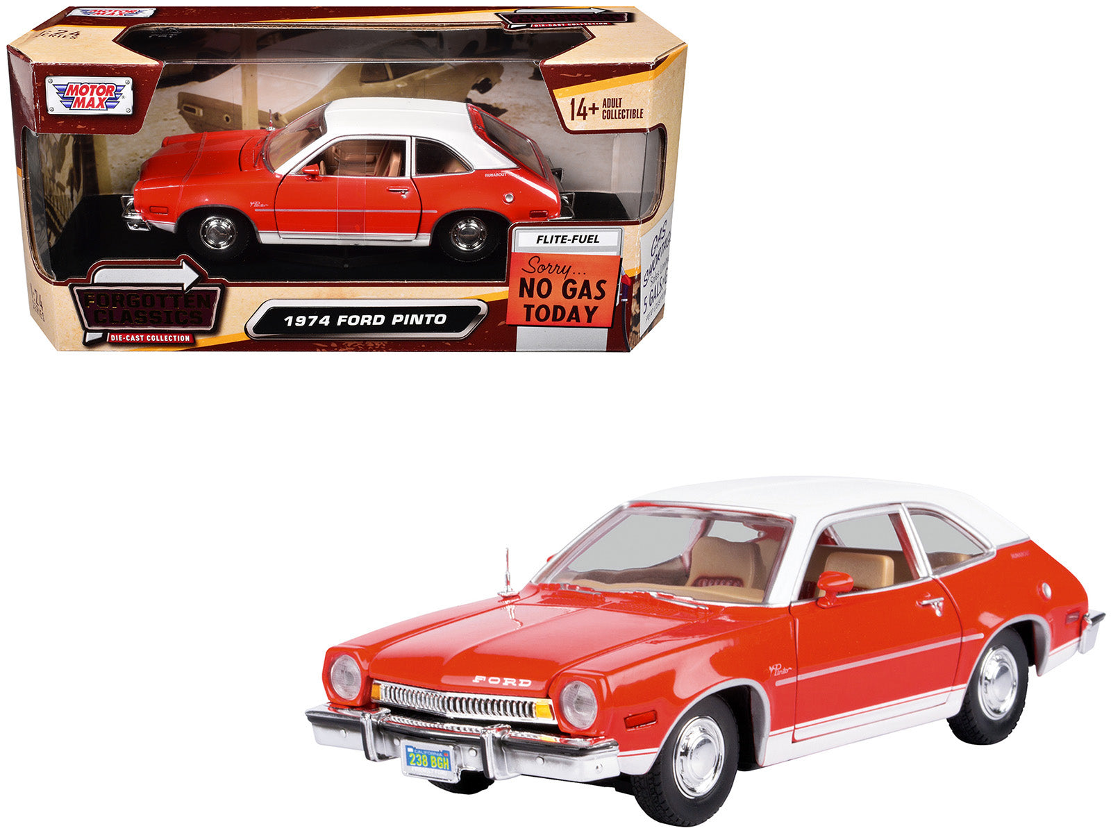 1974 Ford Pinto Orange with White Top "Forgotten Classics" Series 1/24 Diecast Model Car by Motormax-DiecastModeler.com