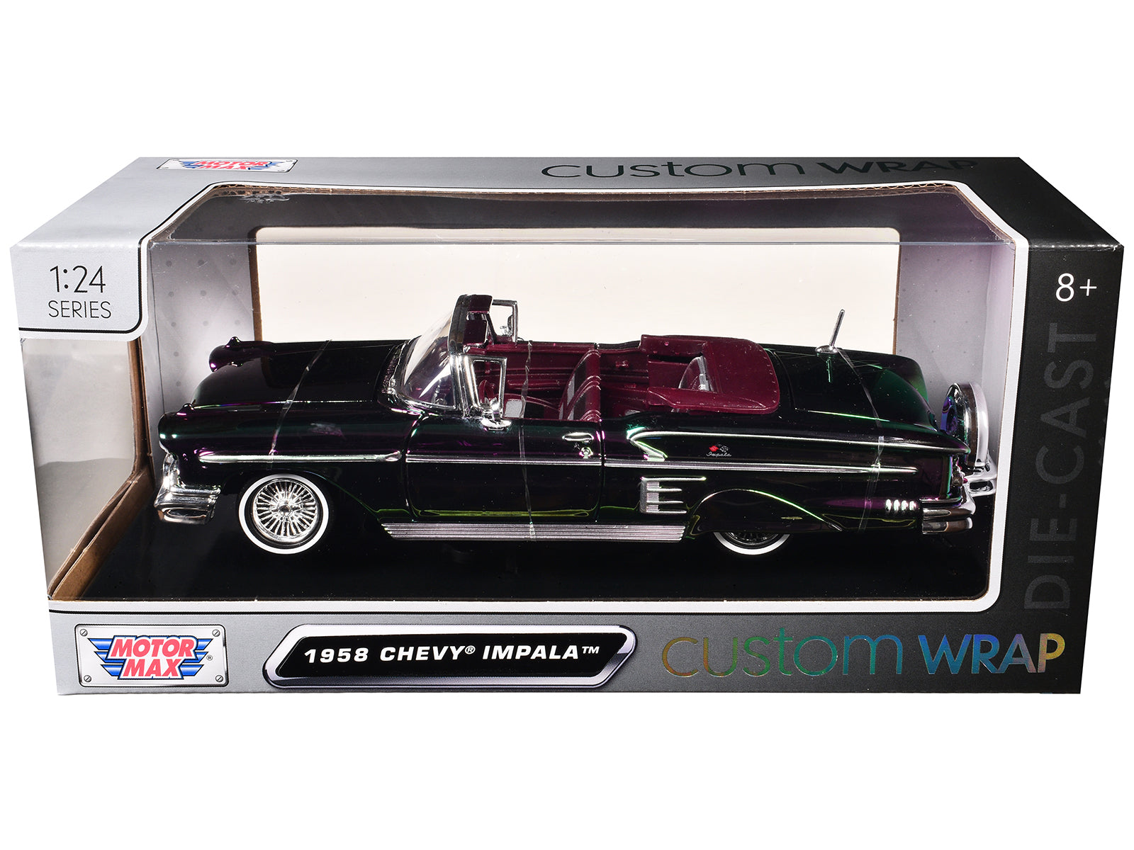 1958 Chevrolet Impala Green and Purple Chrome "Custom Wrap" Series 1/24 Diecast Model Car by Motormax-DiecastModeler.com