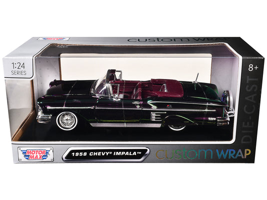1958 Chevrolet Impala Green and Purple Chrome "Custom Wrap" Series 1/24 Diecast Model Car by Motormax