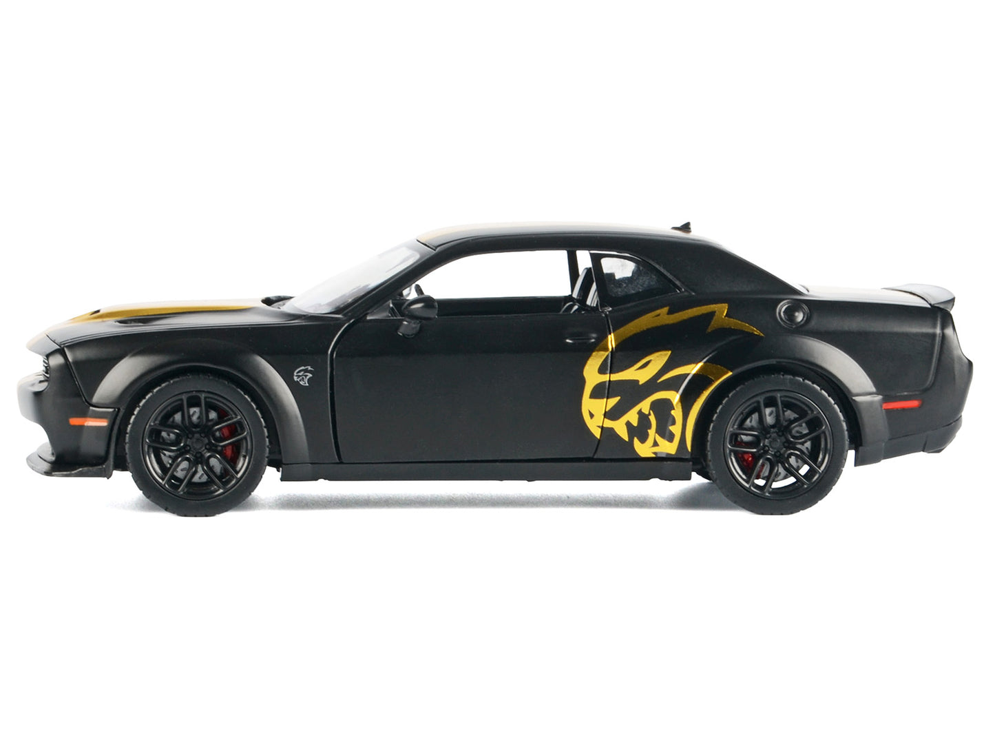 2018 Dodge Challenger SRT Hellcat Widebody Matt Black with Gold Stripes and Graphics "Midnight Eclipse" Series 1/24 Diecast Model Car by Motormax