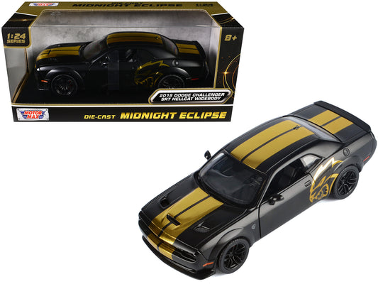 2018 Dodge Challenger SRT Hellcat Widebody Matt Black with Gold Stripes and Graphics "Midnight Eclipse" Series 1/24 Diecast Model Car by Motormax