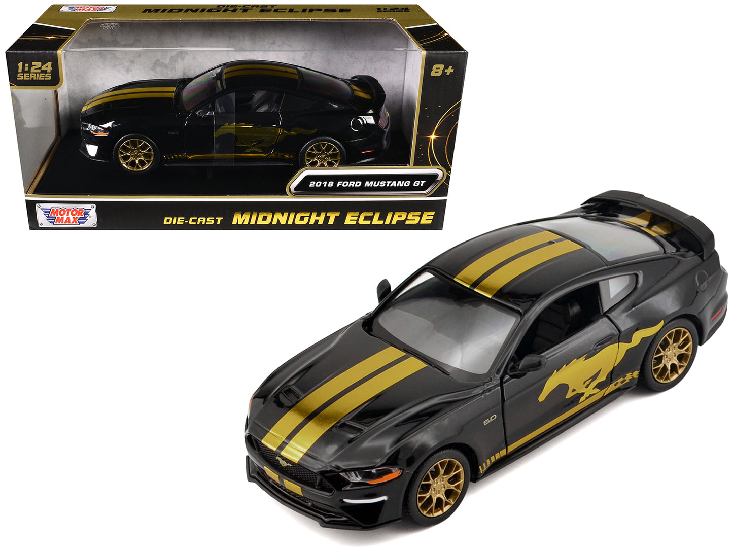2018 Ford Mustang GT 5.0 Black with Gold Stripes and Graphics "Midnight Eclipse" Series 1/24 Diecast Model Car by Motormax