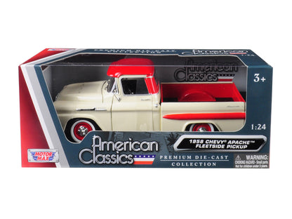 1958 Chevrolet Apache Fleetside Pickup Truck Cream with Red Top 1/24 Diecast Model Car by Motormax
