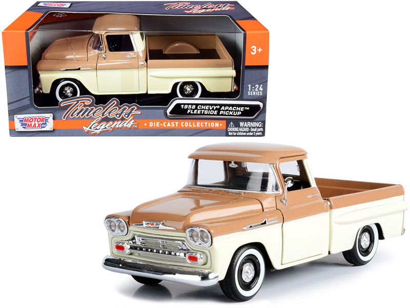 1958 Chevrolet Apache Fleetside Pickup Truck Brown and Beige 1/24 Diecast Model Car by Motormax-DiecastModeler.com