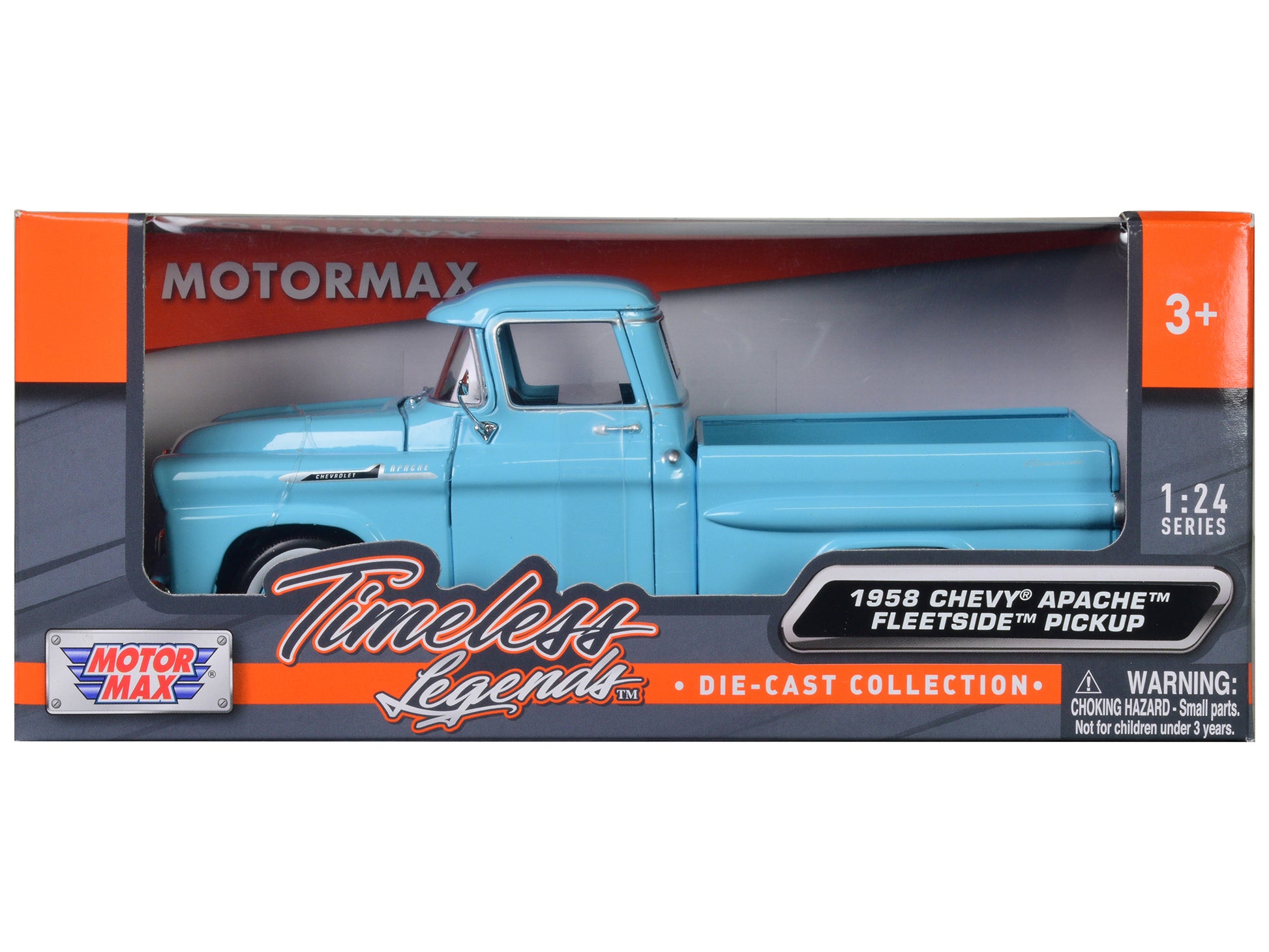 1958 Chevrolet Apache Fleetside Pickup Truck Light Blue 1/24 Diecast Model Car by Motormax-DiecastModeler.com