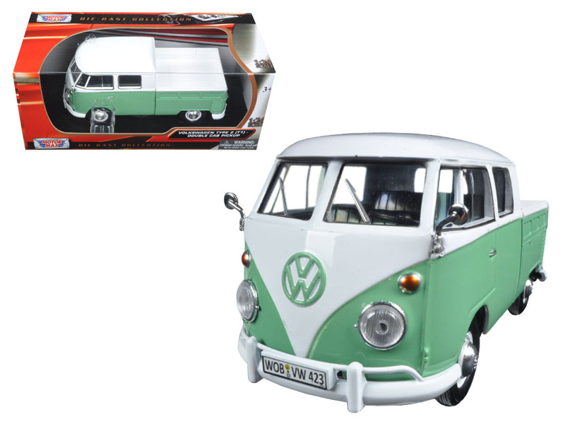 Volkswagen Type 2 (T1) Double Cab Pickup Truck White and Green 1/24 Diecast Model Car by Motormax-DiecastModeler.com