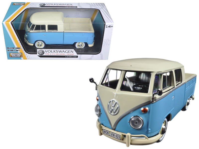 Volkswagen Type 2 (T1) Double Cab Pickup Truck Light Blue and Cream 1/24 Diecast Model Car by Motormax-DiecastModeler.com