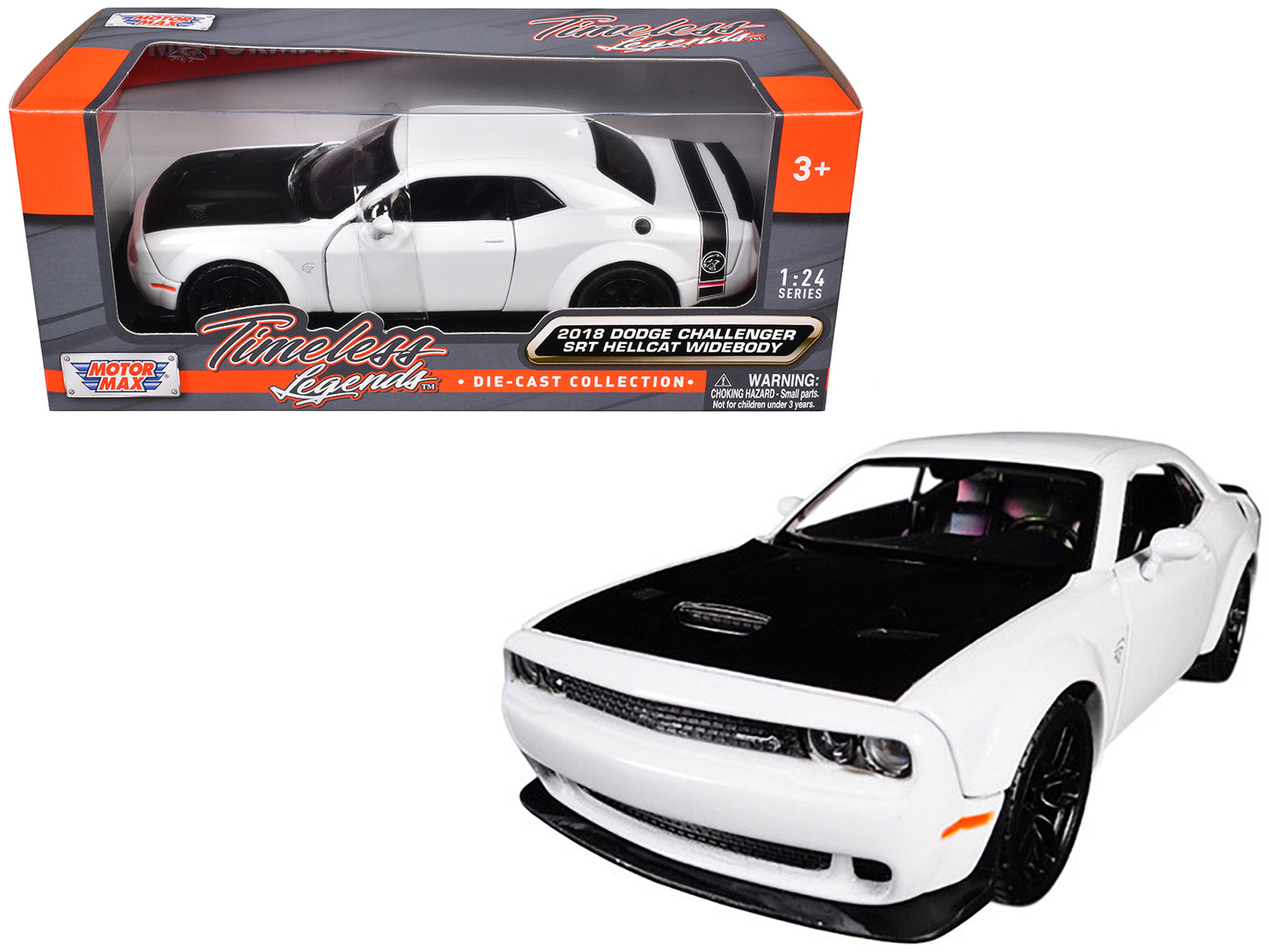 2018 Dodge Challenger SRT Hellcat Widebody White with Black Hood 1/24 Diecast Model Car by Motormax-DiecastModeler.com
