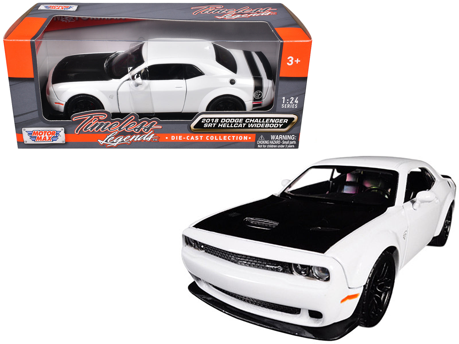 2018 Dodge Challenger SRT Hellcat Widebody White with Black Hood 1/24 Diecast Model Car by Motormax-DiecastModeler.com