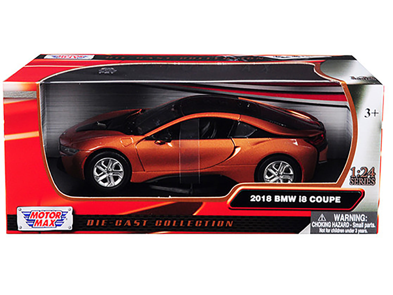 2018 BMW i8 Coupe Metallic Orange with Black Top 1/24 Diecast Model Car by Motormax-DiecastModeler.com