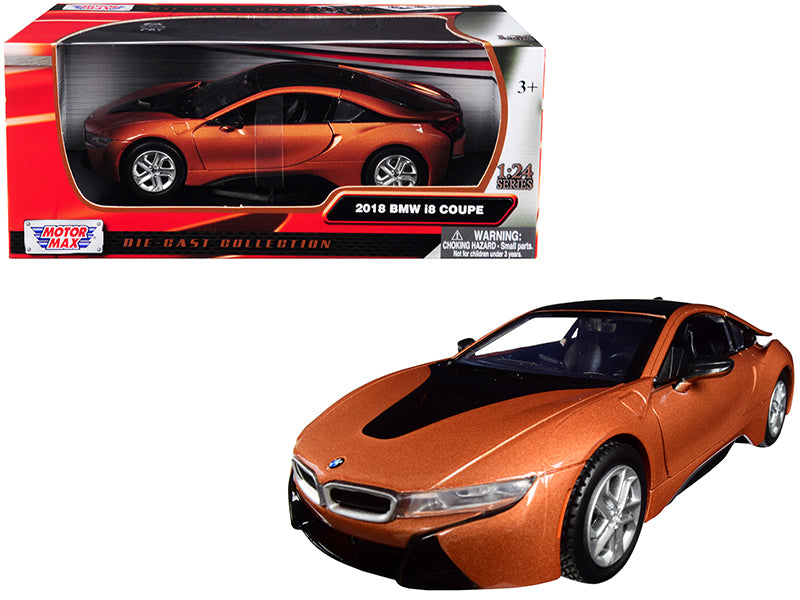 2018 BMW i8 Coupe Metallic Orange with Black Top 1/24 Diecast Model Car by Motormax-DiecastModeler.com