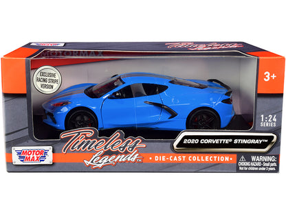 2020 Chevrolet Corvette C8 Stingray Blue with Silver Racing Stripes "Timeless Legends" 1/24 Diecast Model Car by Motormax-DiecastModeler.com