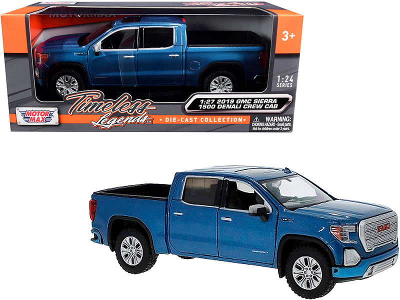 2019 GMC Sierra 1500 Denali Crew Cab Pickup Truck Blue Metallic 1/24-1/27 Diecast Model Car by Motormax-DiecastModeler.com