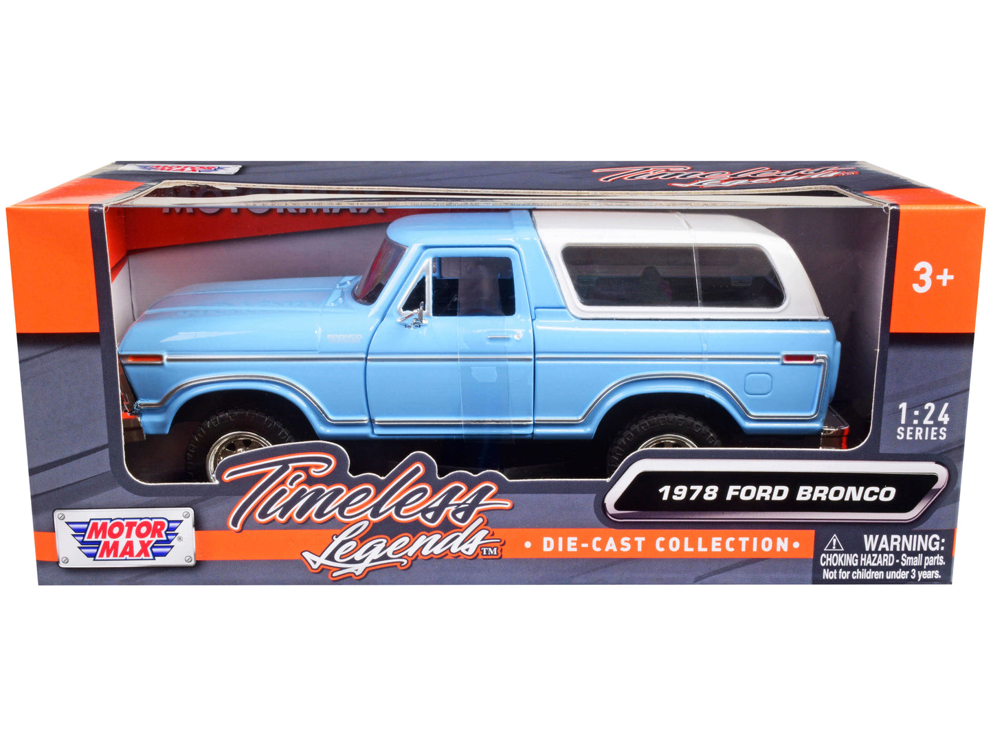 1978 Ford Bronco Custom Light Blue and White "Timeless Legends" Series 1/24 Diecast Model Car by Motormax-DiecastModeler.com
