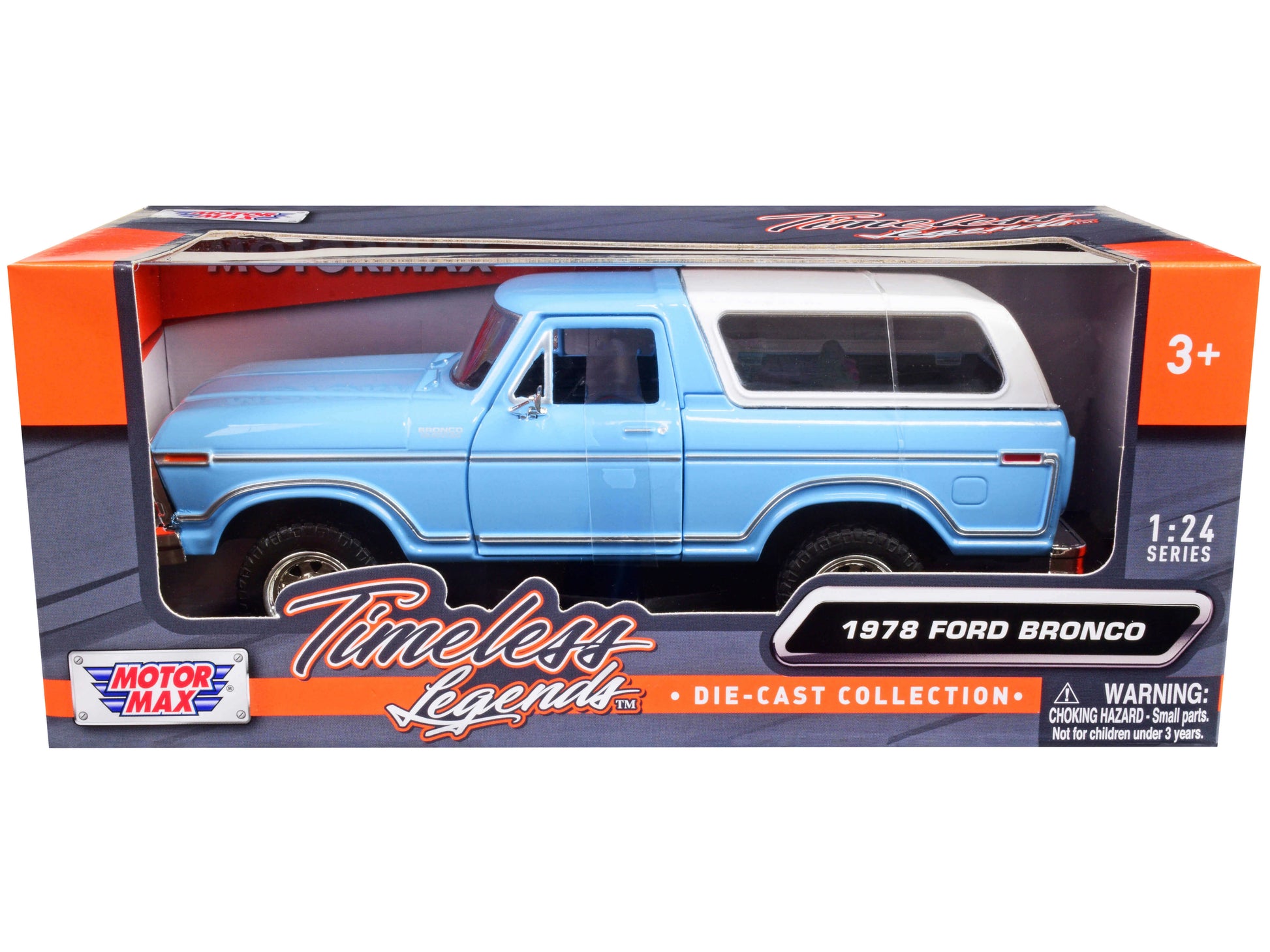 1978 Ford Bronco Custom Light Blue and White "Timeless Legends" Series 1/24 Diecast Model Car by Motormax-DiecastModeler.com