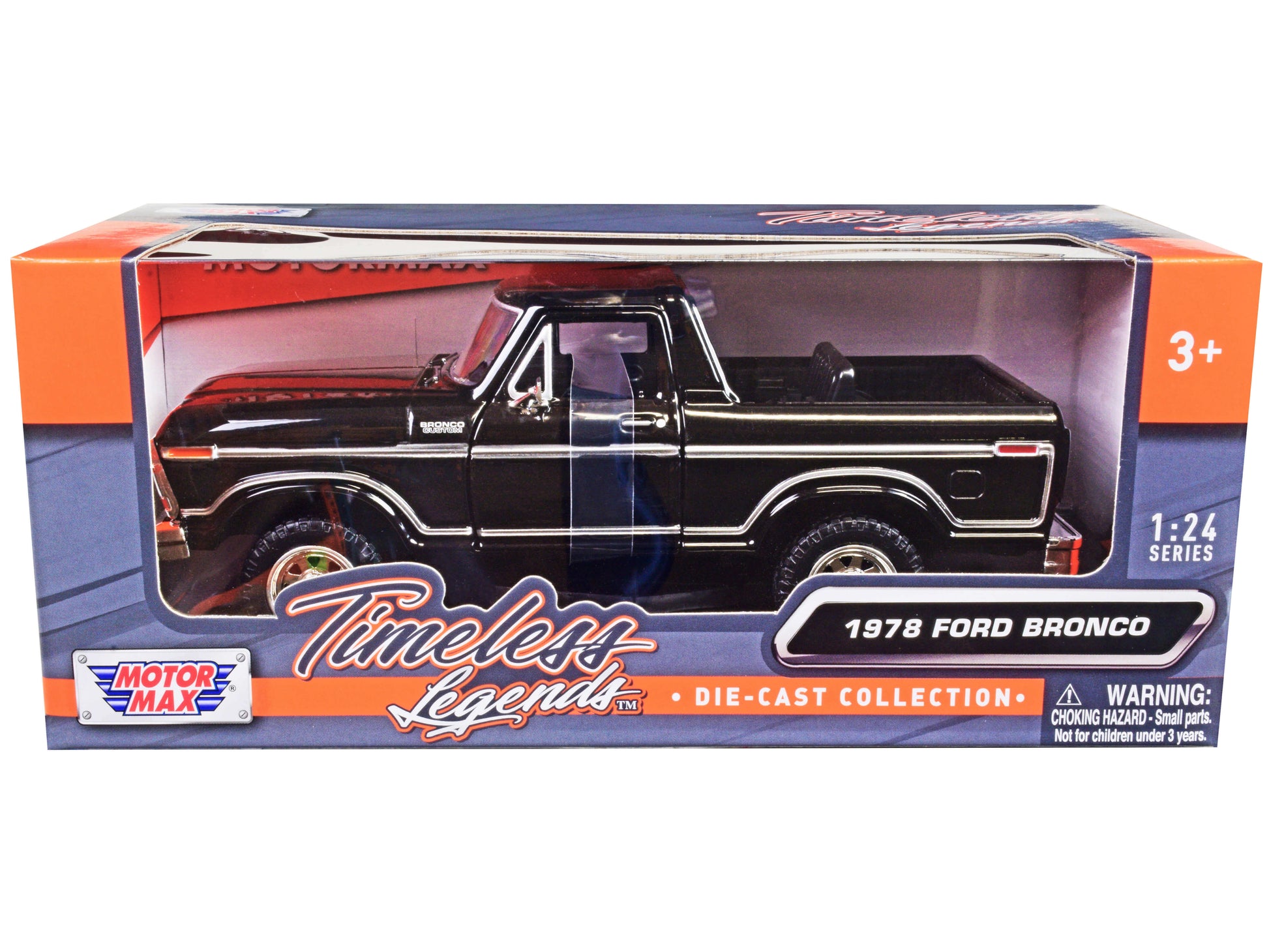 1978 Ford Bronco Custom (Open Top) Black "Timeless Legends" Series 1/24 Diecast Model Car by Motormax-DiecastModeler.com