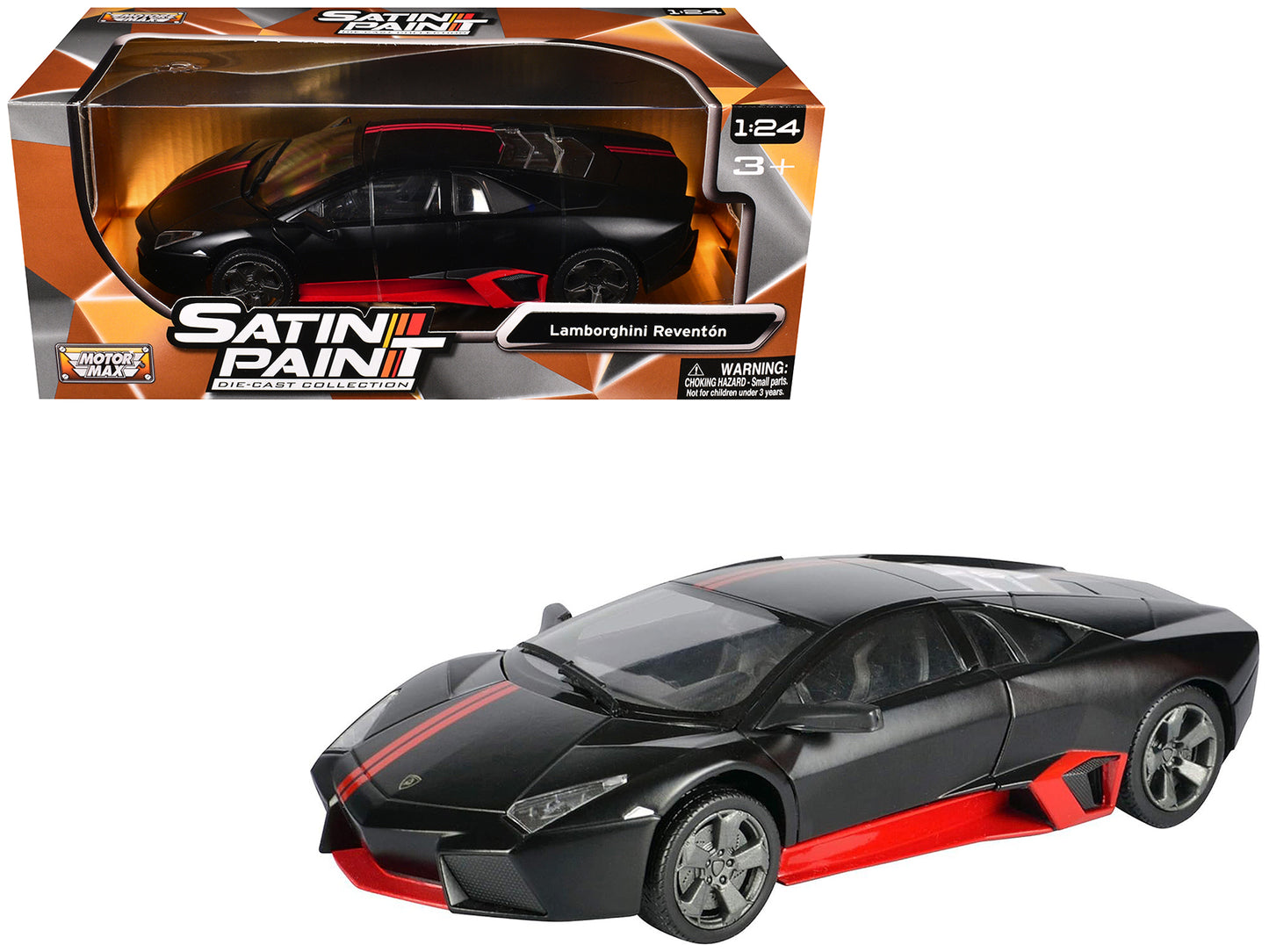 Lamborghini Reventon Matt Black with Red Stripes "Satin Paint" Series 1/24 Diecast Model Car by Motormax-DiecastModeler.com