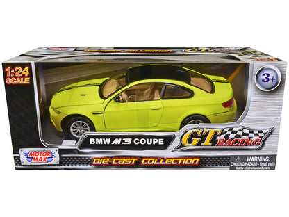 BMW M3 Coupe Neon Yellow with Matt Black Top and Stripes "GT Racing" Series 1/24 Diecast Model Car by Motormax-DiecastModeler.com