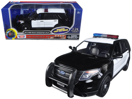 2015 Ford Police Interceptor Utility Black and White with Flashing Light Bar and Front and Rear Lights and 2 Sounds 1/24 Diecast Model Car by Motormax-DiecastModeler.com
