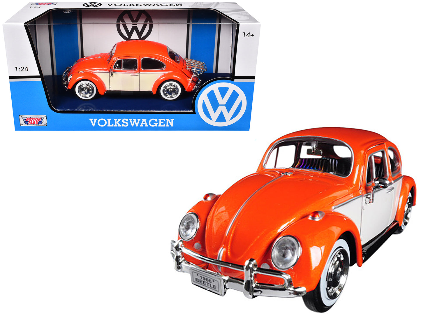 1966 Volkswagen Classic Beetle with Rear Luggage Rack Orange 1/24 Diecast Model Car by Motormax