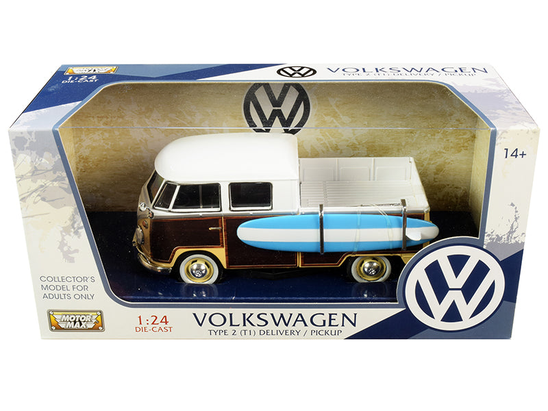 Volkswagen Type 2 (T1) Pickup White and Yellow with Wood Paneling with Surfboard 1/24 Diecast Model Car by Motormax-DiecastModeler.com