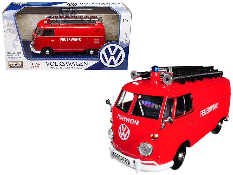 Volkswagen Type 2 (T1) Fire Van "Feuerwehr" Red 1/24 Diecast Model Car by Motormax-DiecastModeler.com