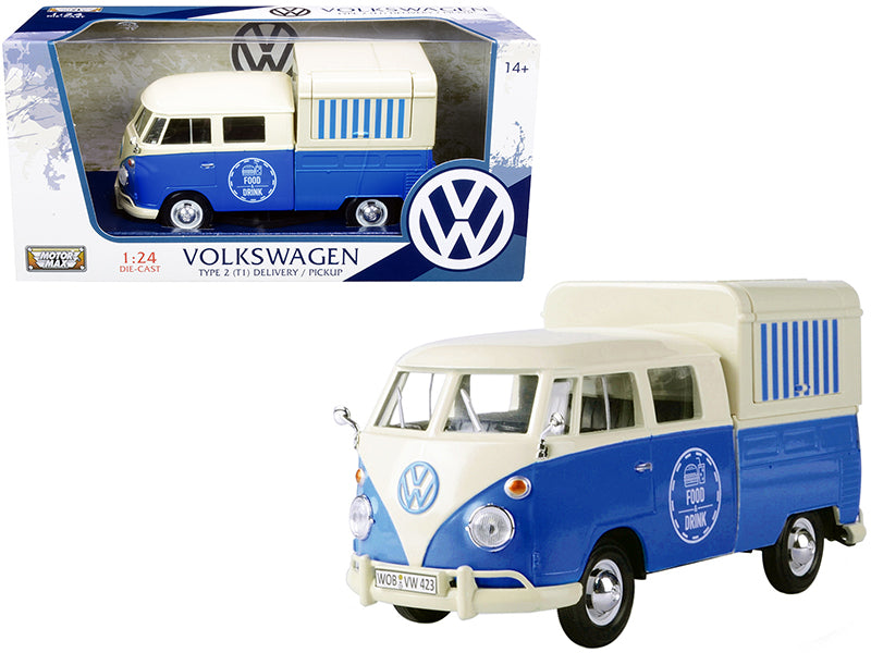 Volkswagen Type 2 (T1) Pickup Food Truck Cream and Blue 1/24 Diecast Model Car by Motormax-DiecastModeler.com