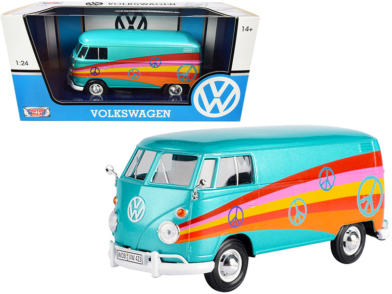 Volkswagen Type 2 (T1) Delivery Van "Peace" Turquoise Metallic 1/24 Diecast Model Car by Motormax-DiecastModeler.com