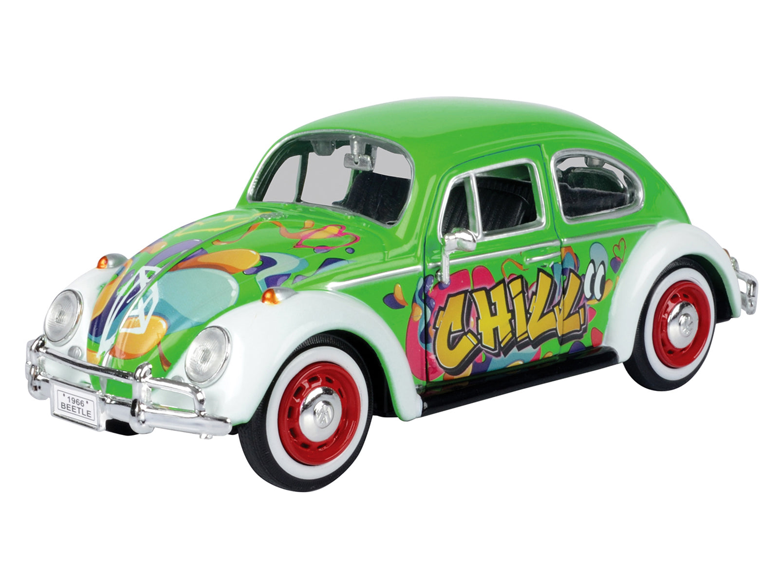 1966 Volkswagen Beetle Green with Graffiti Graphics 1/24 Diecast Model Car by Motormax-DiecastModeler.com