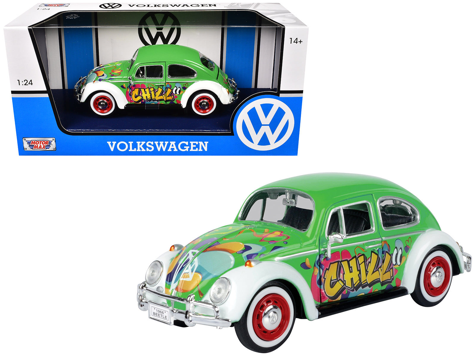 1966 Volkswagen Beetle Green with Graffiti Graphics 1/24 Diecast Model Car by Motormax-DiecastModeler.com